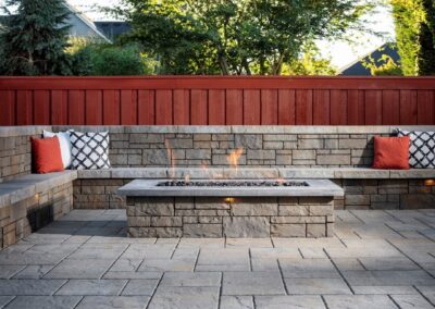 retagular fire pit and bench sitting wall